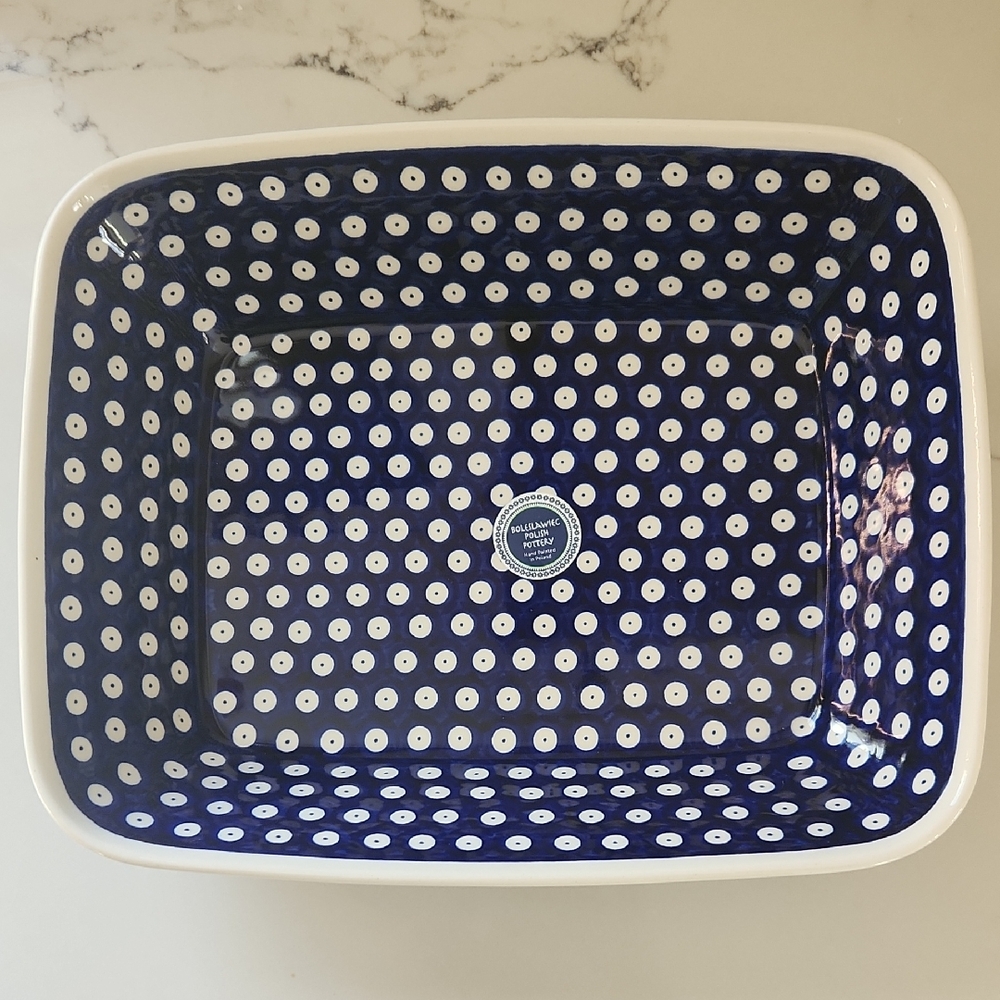 Polish Pottery Blue and White Polka Dot Baking Dish